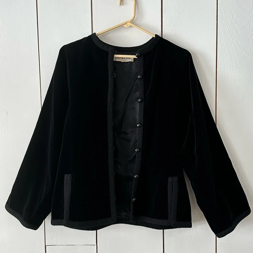 Saint Laurent VTG 70s Russian Collection Velvet Jacket Blazer Sz 40 Black - Picture 6 of 14